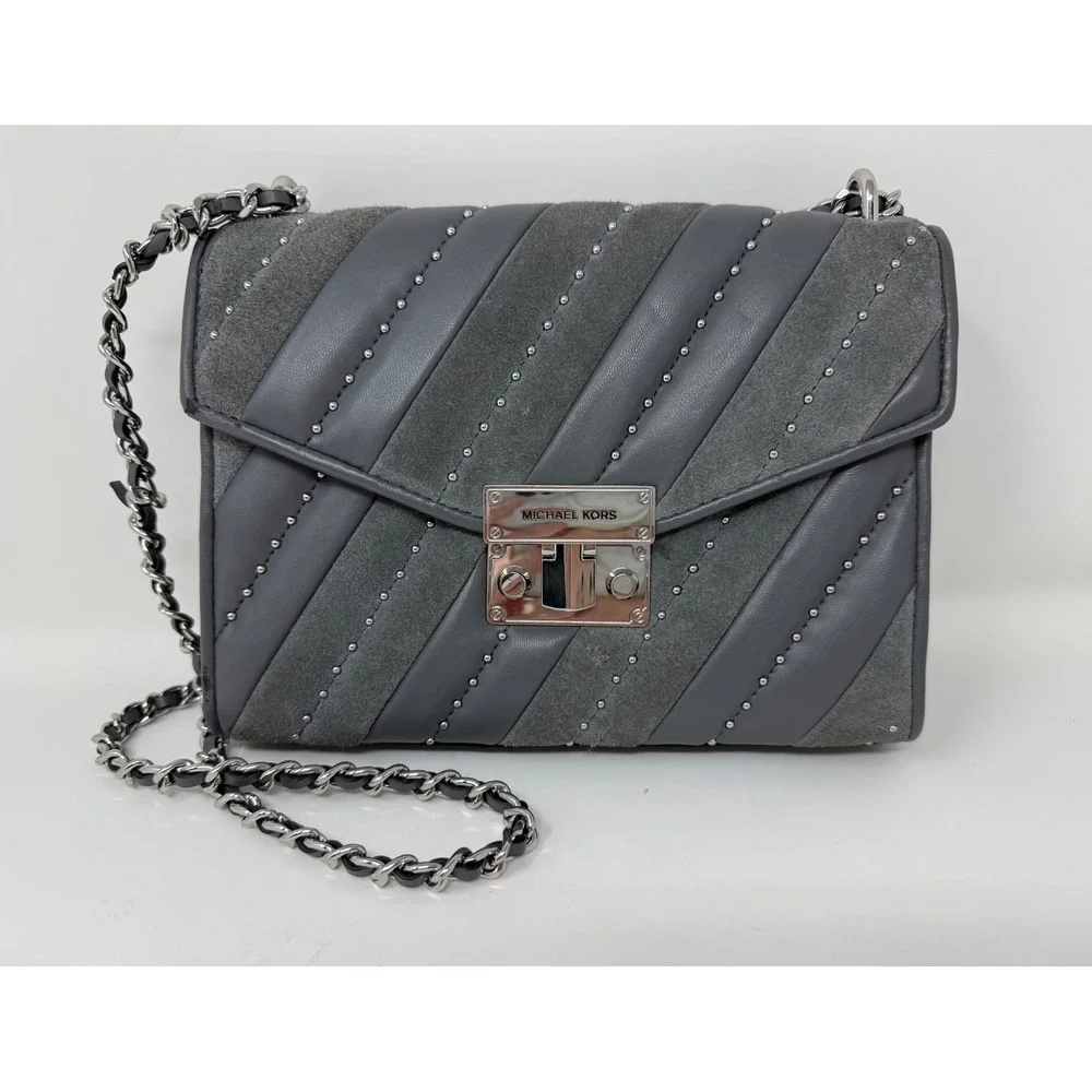 Michael Kors Rose Medium Flap Shoulder Bag Grey‎ Quilted Leather Suede